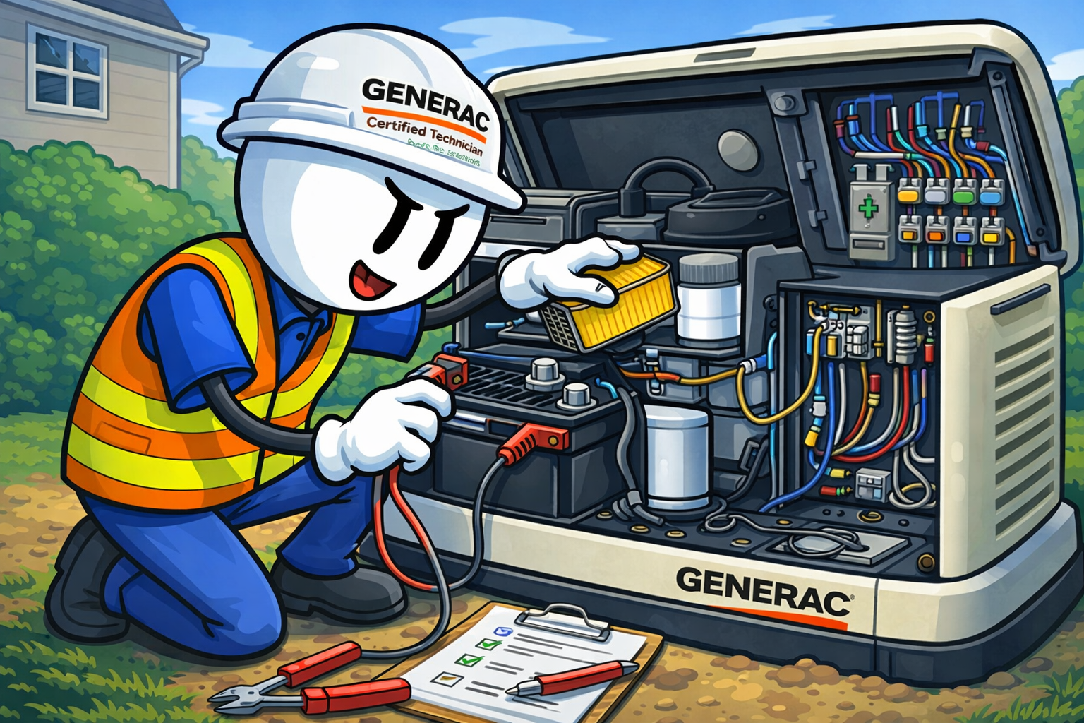 Close-up of a Generac generator being serviced by a certified technician, checking battery, filters, and electrical components for dependable yearly performance.