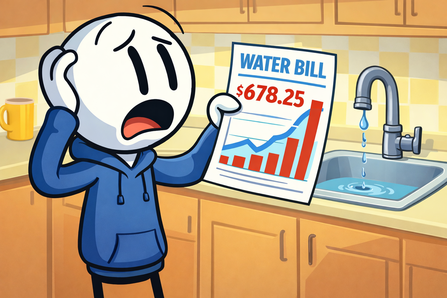 Edmond homeowner reviewing high water bill next to leaky kitchen faucet (house plumbing issues in Edmond)