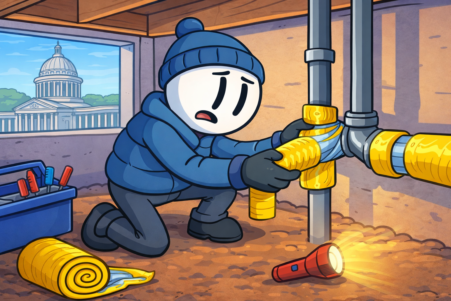 Homeowner insulating house plumbing pipes in an Edmond crawl space as part of winter plumbing care