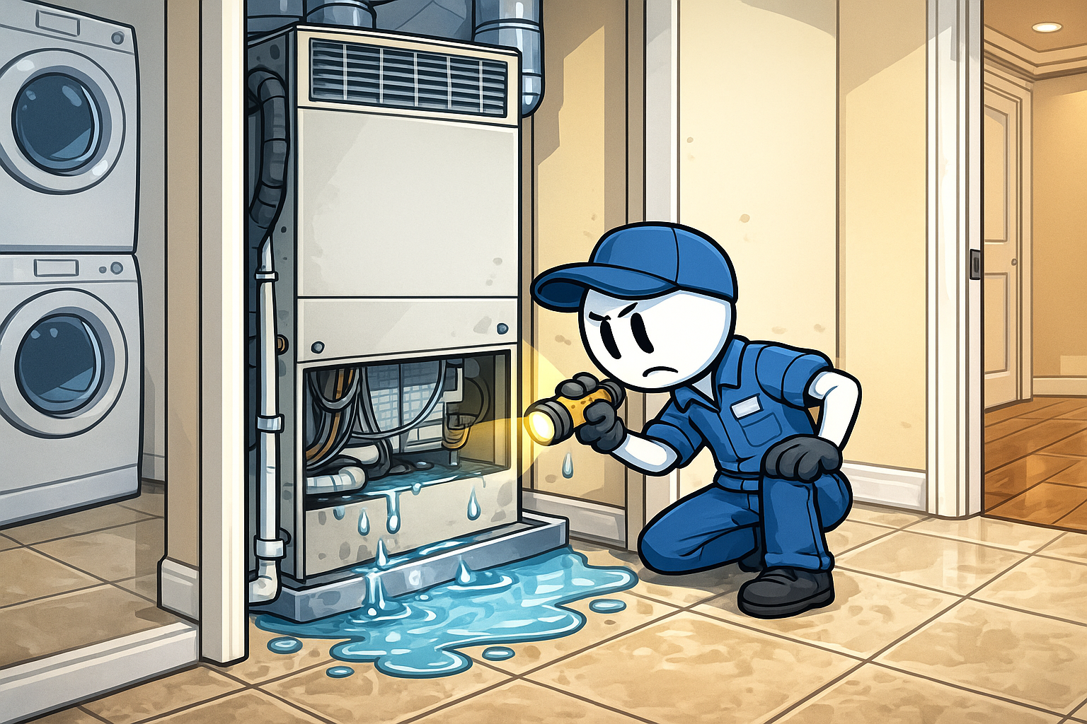 Technician inspecting an AC unit leaking water inside an Edmond home