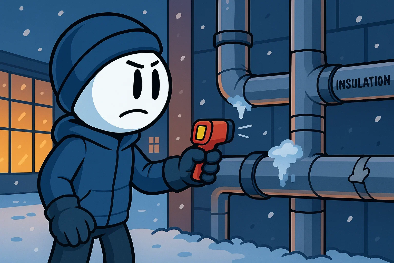 Technician inspecting insulated pipes outside a commercial building in Guthrie, Oklahoma to prevent frozen pipes.