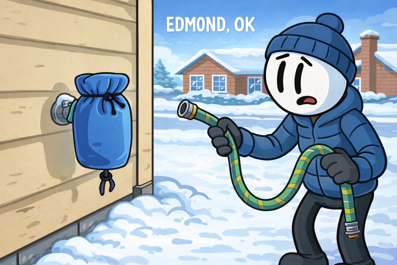 Prevent frozen pipes in Edmond with insulated outdoor faucet and disconnected garden hose in winter