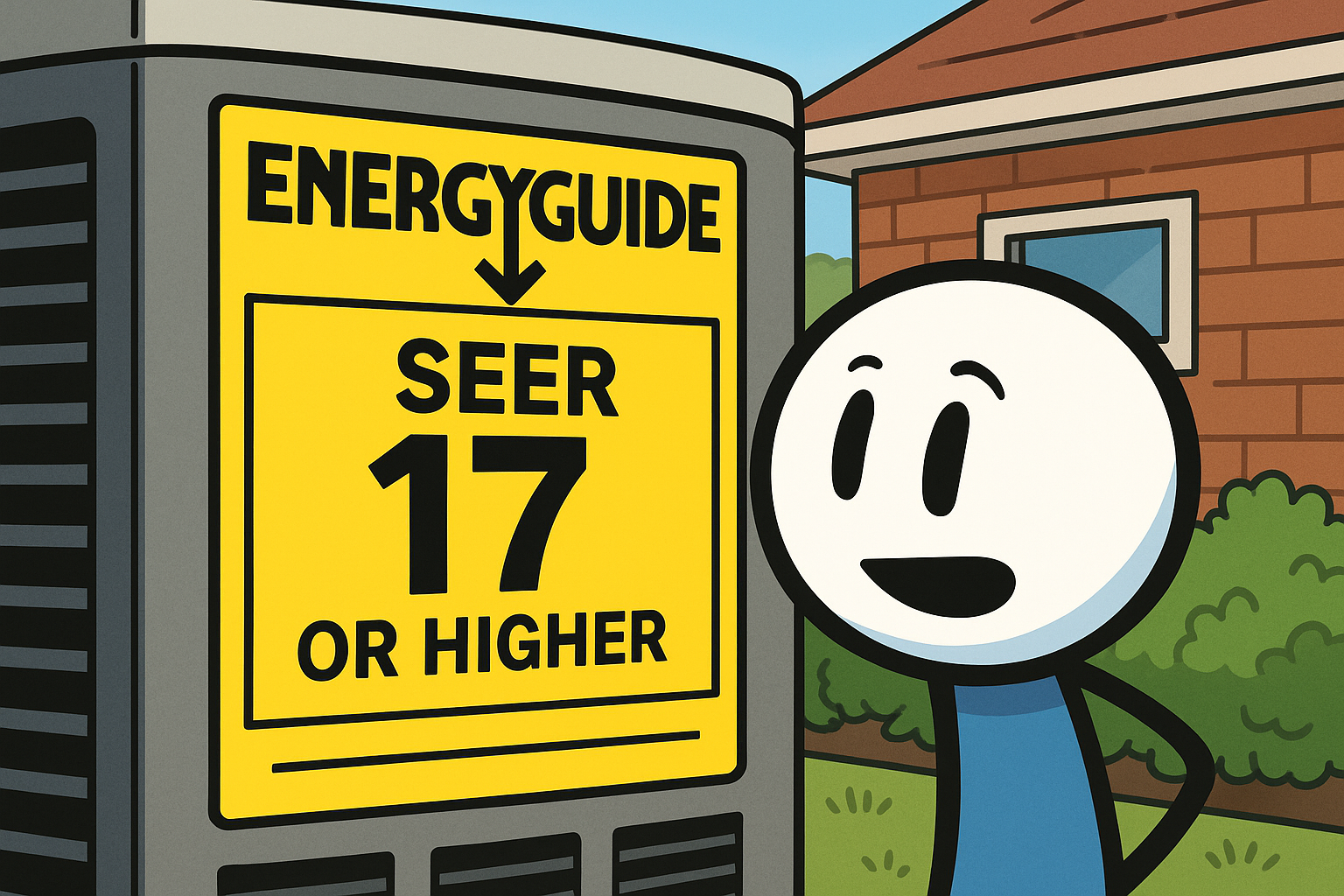 Close-up of EnergyGuide SEER rating label on Edmond home's AC unit