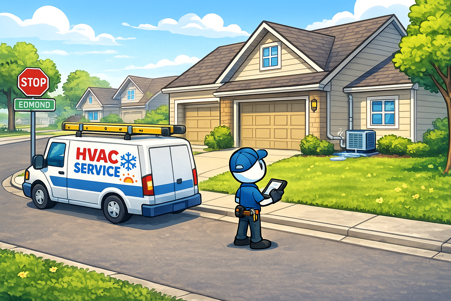 A&T Mechanical service van parked in an Edmond neighborhood during summer