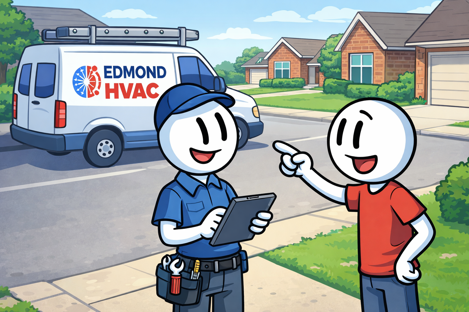 A&T Mechanical service van parked on a quiet Edmond neighborhood street, technician greeting homeowner at the driveway Alt text: air conditioner condensation leak service call in Edmond OK neighborhood