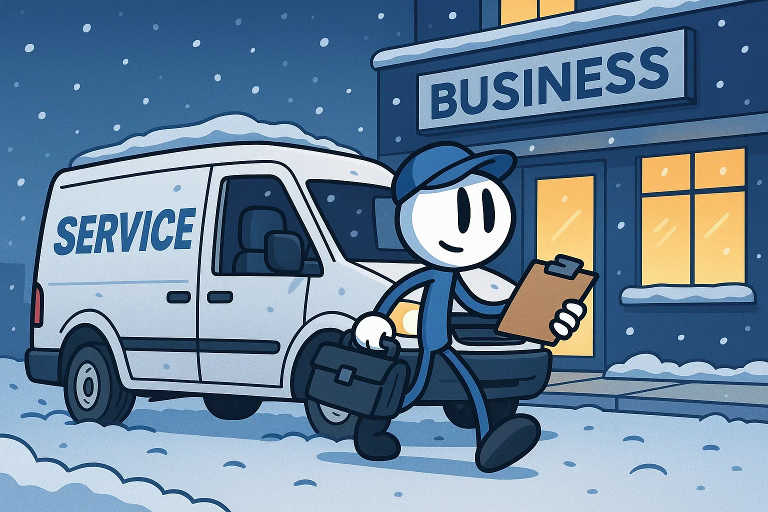 A&T Mechanical service van parked outside an Edmond commercial building during a winter service visit.