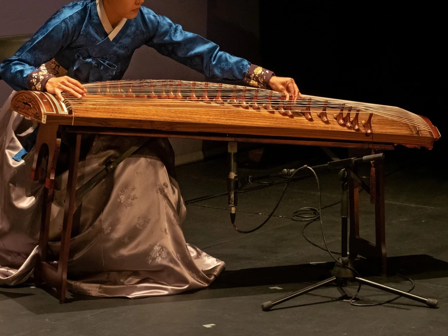 Gayageum, the Korean traditional 12-string zither, played by a Shilla Ensemble musician in hanbok