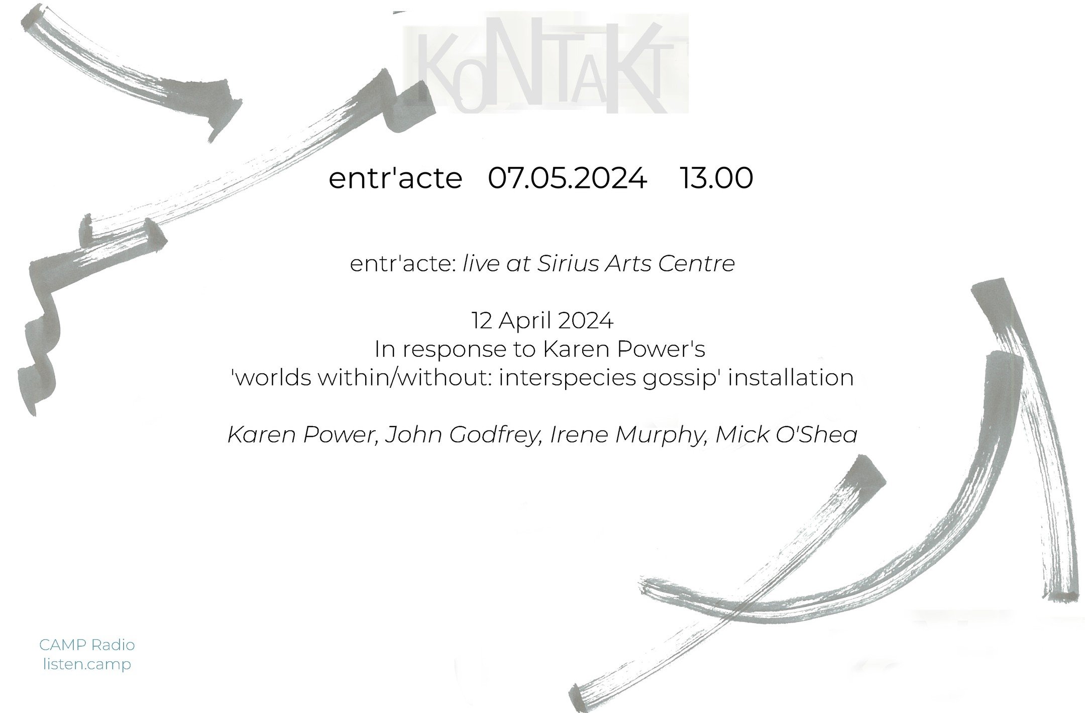 Next week's #Kontakt show on @camp_fr Radio - a full live set from brand new improvising sound art group entr'acte.

Live at Sirius Arts Centre from April 2024, with Karen Power, John Godfrey, Irene Murphy and Mick O'Shea.

Listen in at 13.00 CET (12