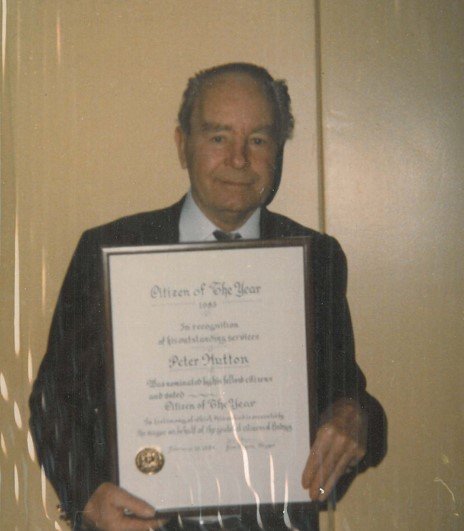  Peter Hutton standing with his Citizen of The Year award at the Moose Lodge in Lindsay. 1983.  