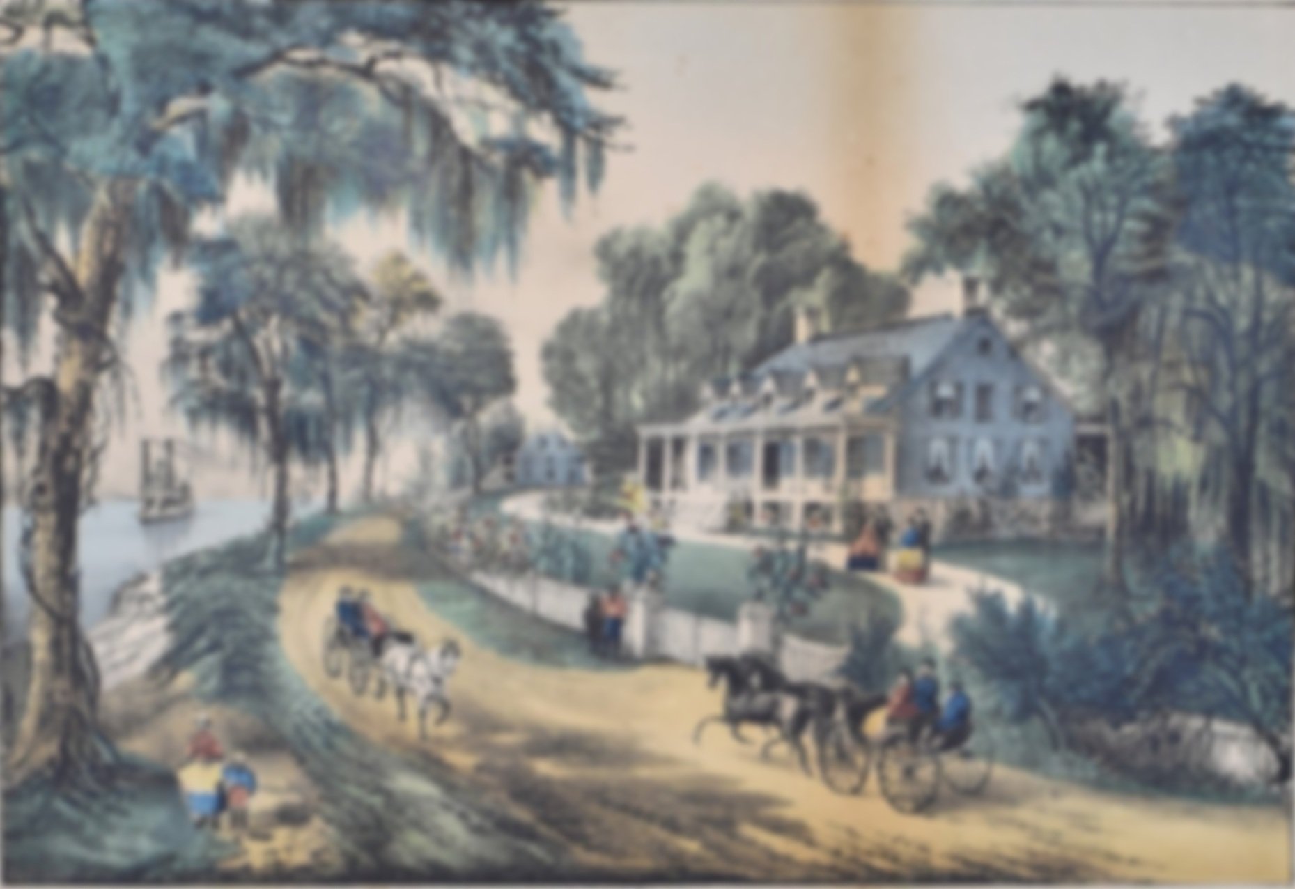Vintage illustration of a large house, people, horses, carriages, and trees, situated by a river with a steamboat in the background.