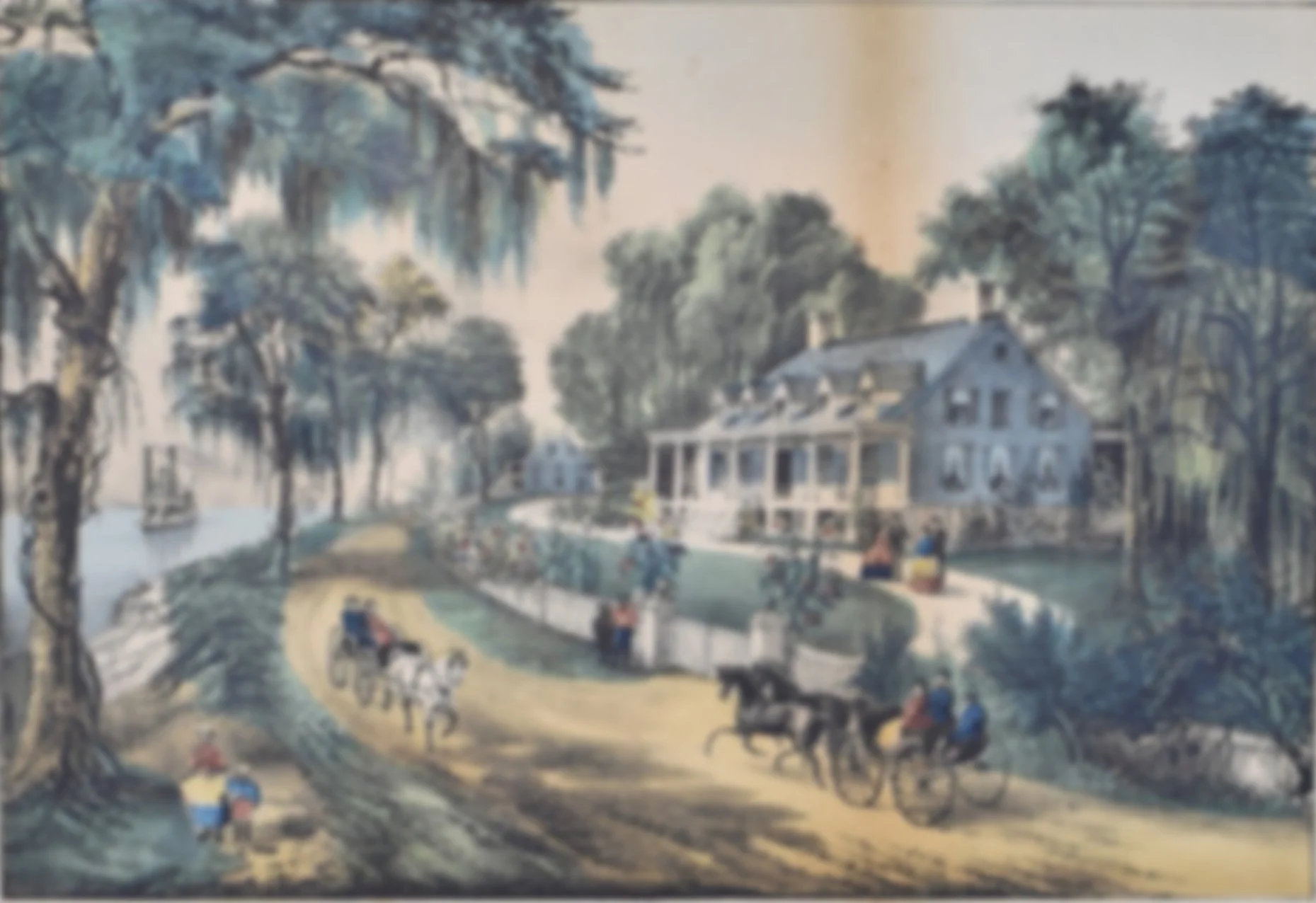 Vintage illustration of a large house, people, horses, carriages, and trees, situated by a river with a steamboat in the background.