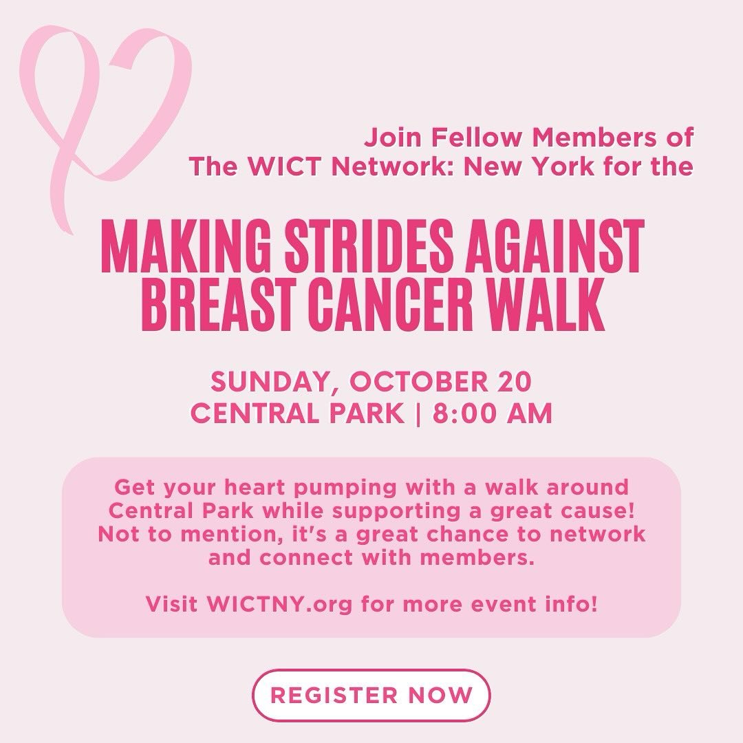 Bring your friends and family and join #WICTNY members on October 20th in Central Park to walk together for the fight against breast cancer. 💕 Join the team or make a donation at the link in bio.