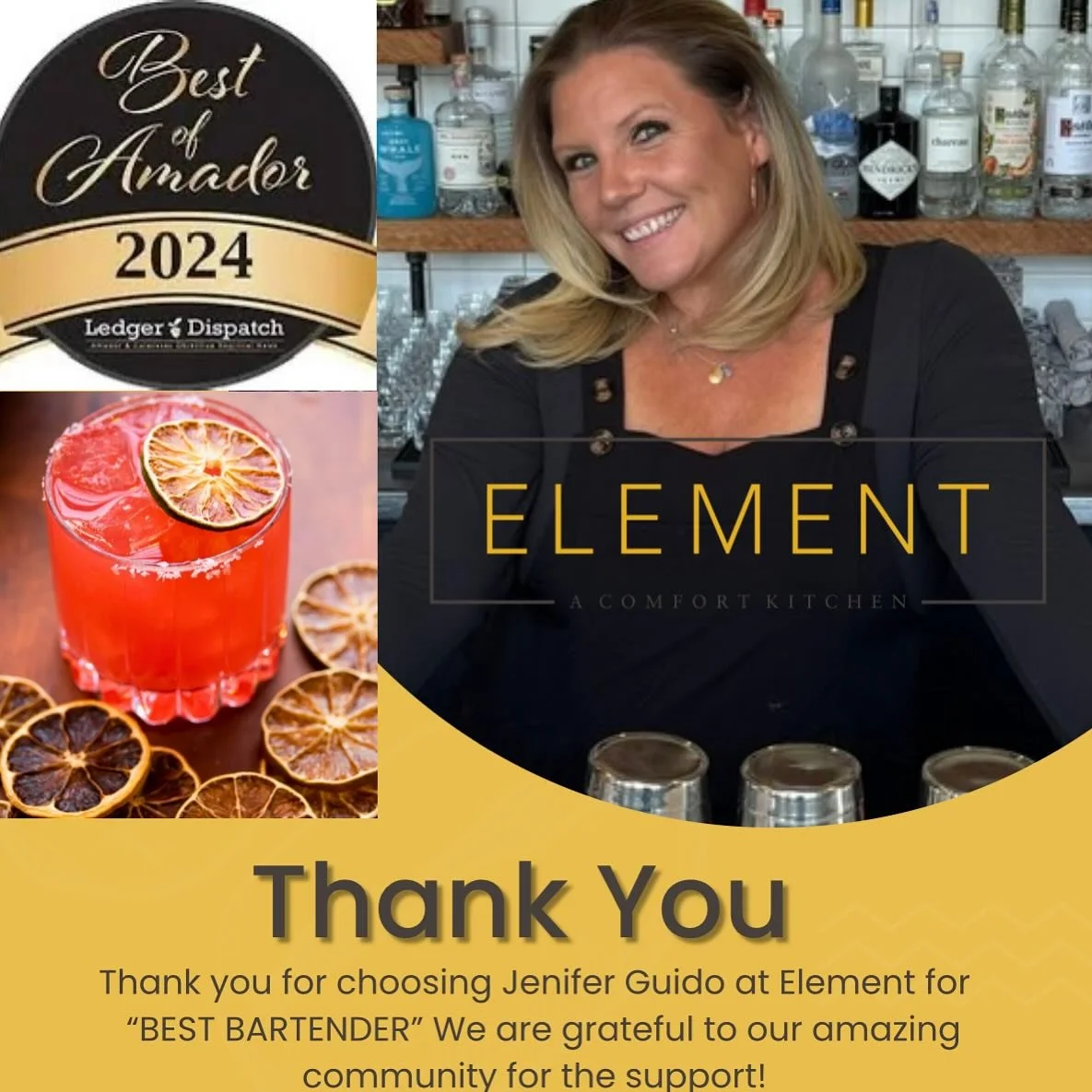 We extend our heartfelt gratitude to our community for selecting Jenifer Guido at Element as Amador County&rsquo;s Best Bartender 2024! Your support means the world to us, and we truly appreciate each and every one of you!

#amadorcounty #visitamador