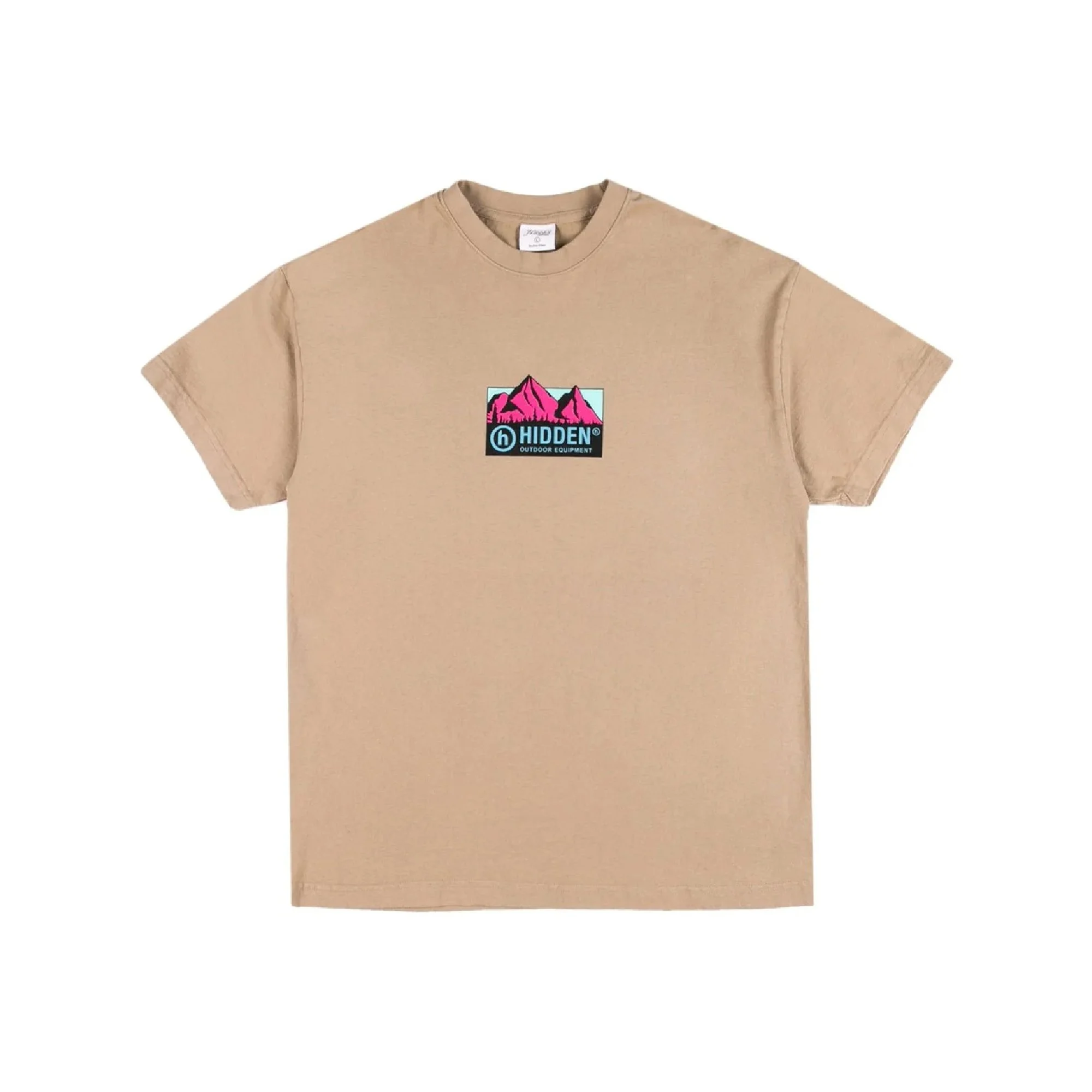 A beige T-shirt with a mountain graphic and the words "HIDDEN OUTDOOR EQUIPMENT" on the front.