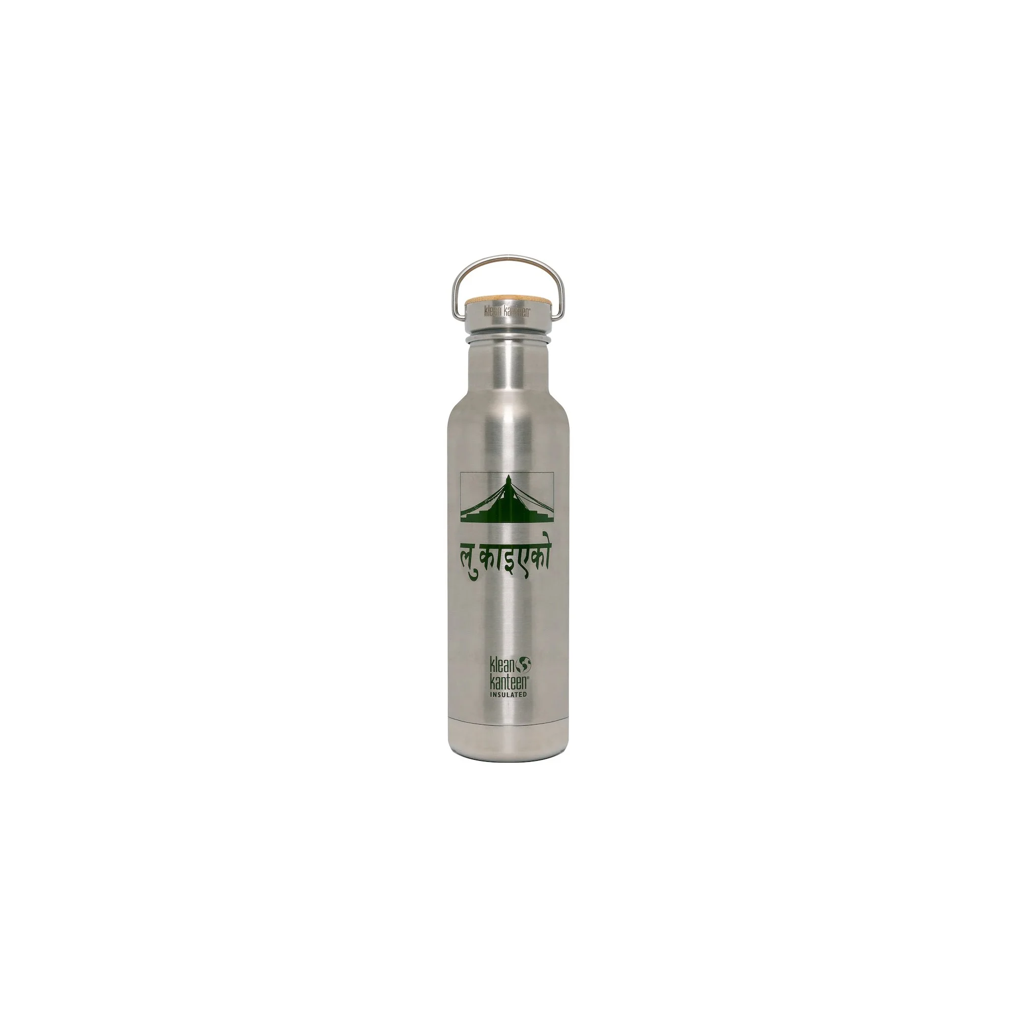 A stainless steel insulated water bottle with a handle on top, featuring a green mountain illustration and some text in a different language, standing against a plain white background.