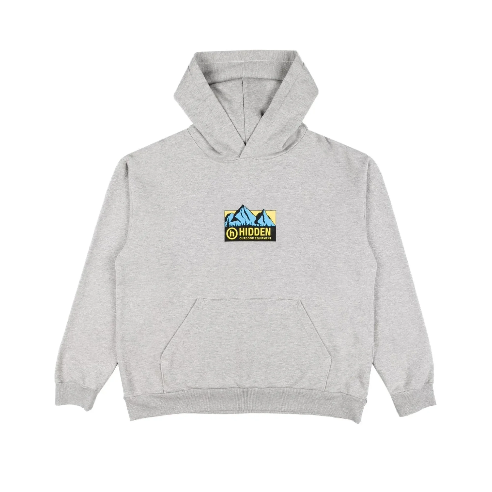 Gray hoodie with a mountain graphic and the text "Hidden Outdoor Equipment" printed on it.