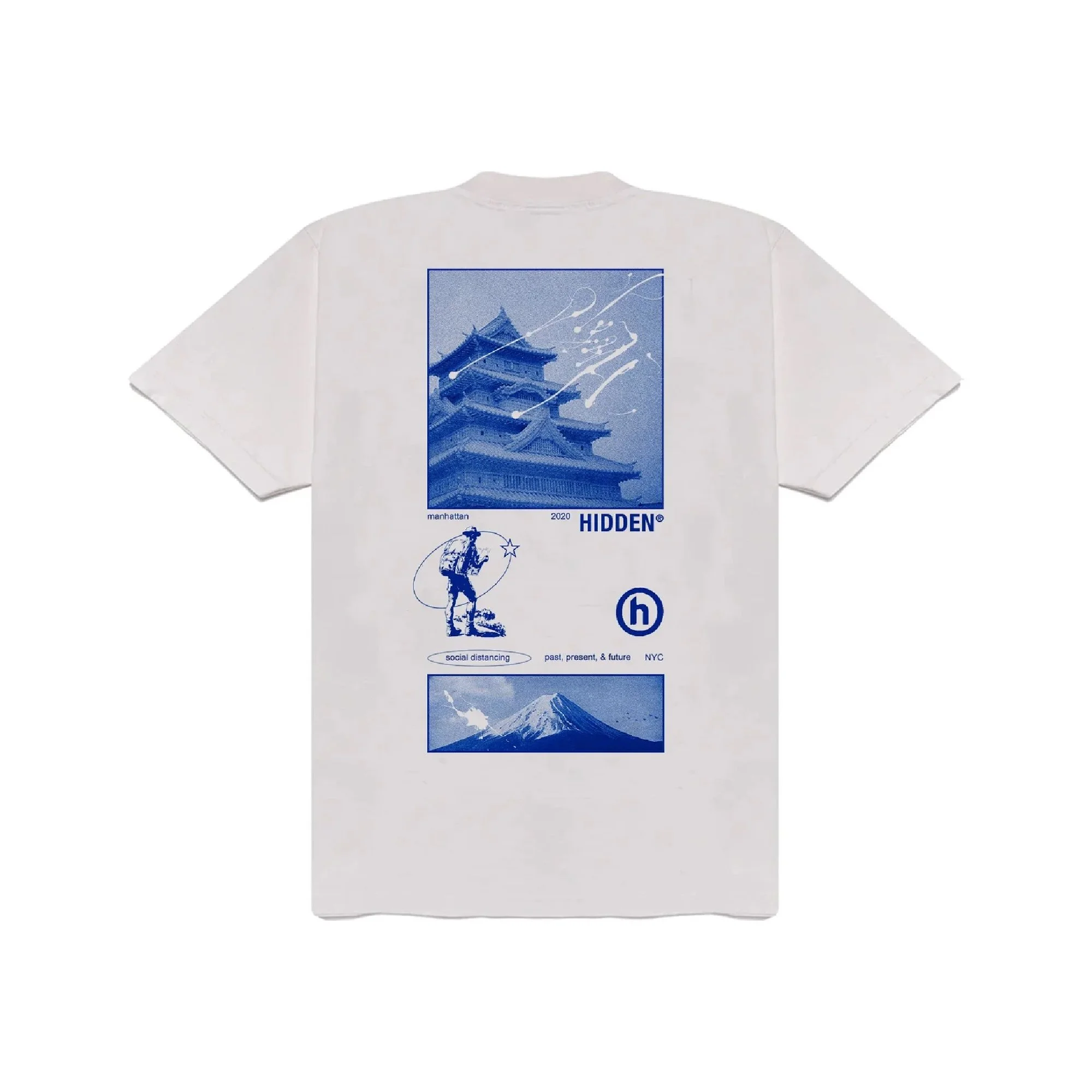 White T-shirt with blue graphic of a traditional Japanese castle, a Mount Fuji illustration, and the words "manhattan," "2020," and "HIDDEN".