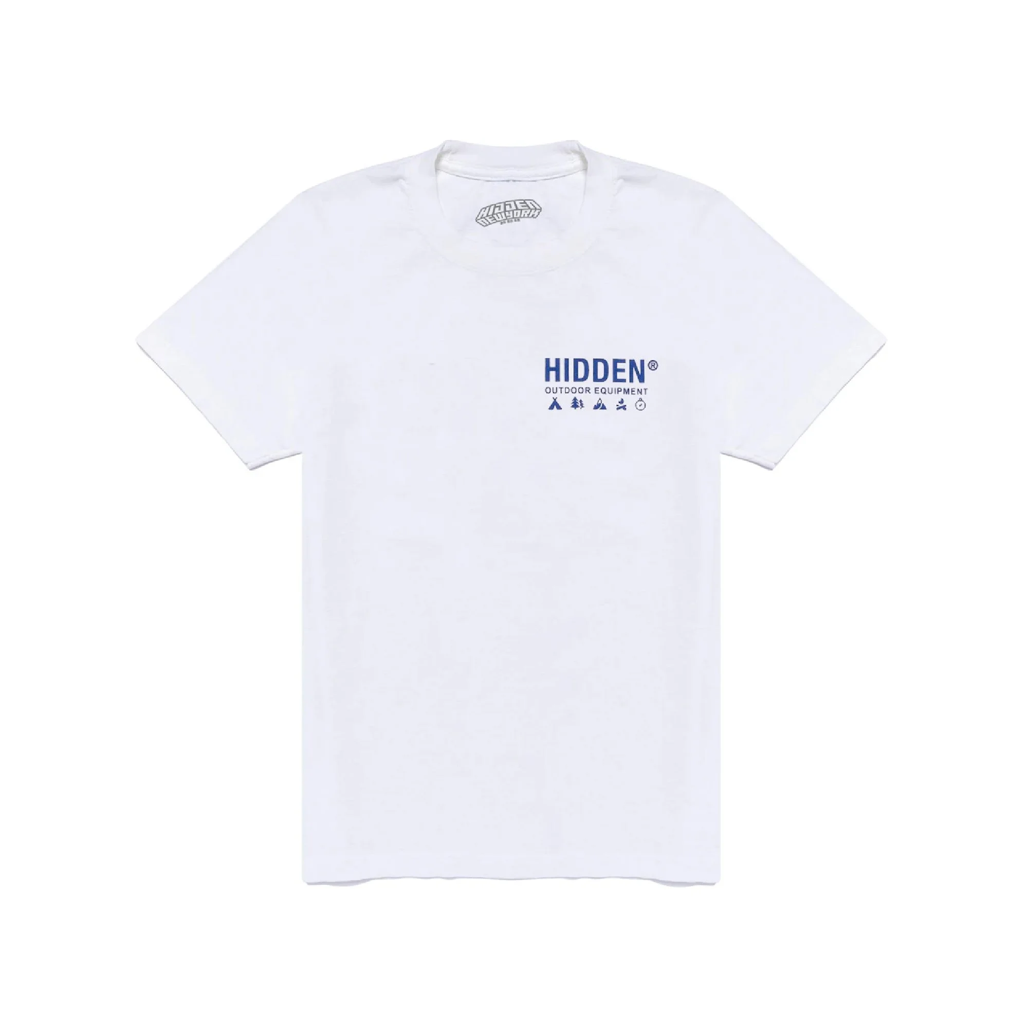 White T-shirt with blue text and icons related to outdoor activities. hidden ny