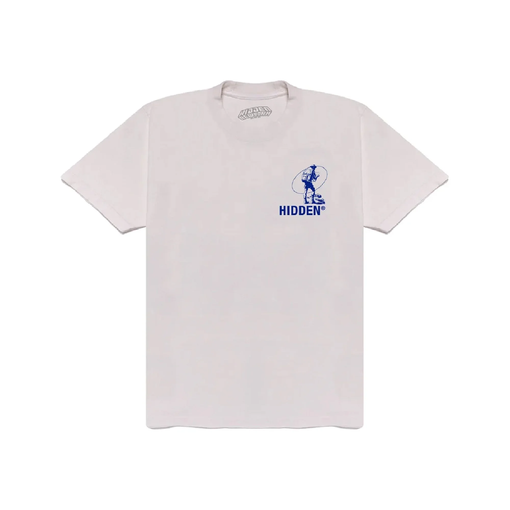 White T-shirt with a graphic of a person with a dog and the text 'HIDDEN' printed below.