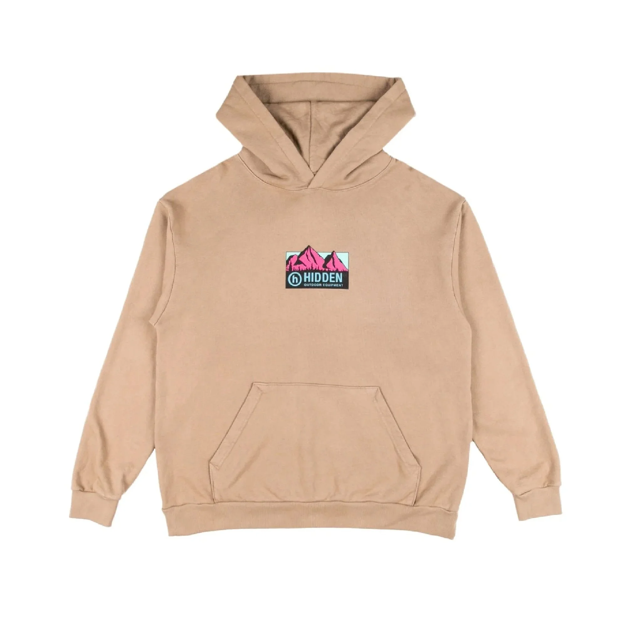 Beige hoodie with a pink mountain graphic and the words "HIDDEN OutDoor Equipment" on the chest.