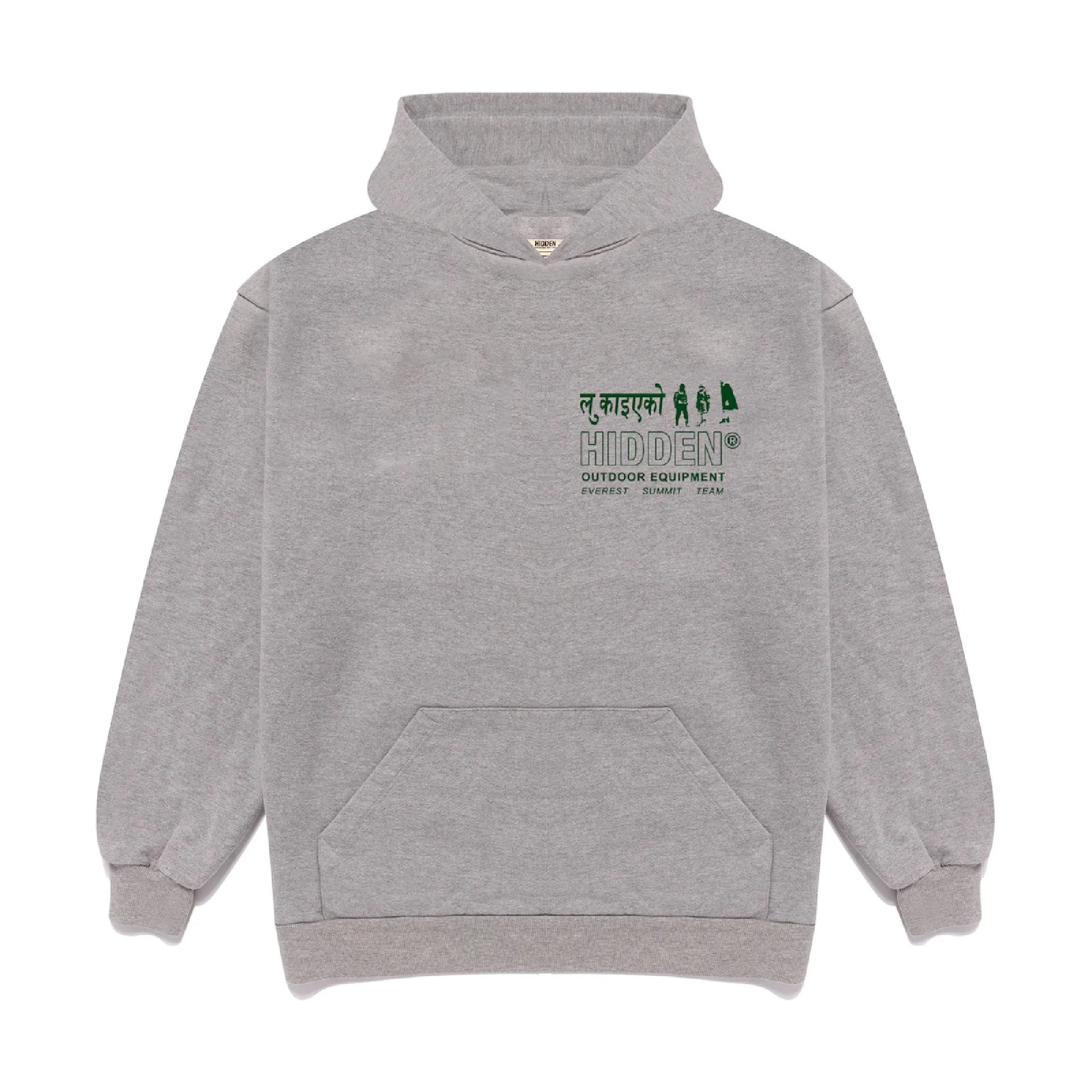 Gray hoodie sweatshirt with green and white text and graphics related to outdoor equipment and mountain climbing. lebron james