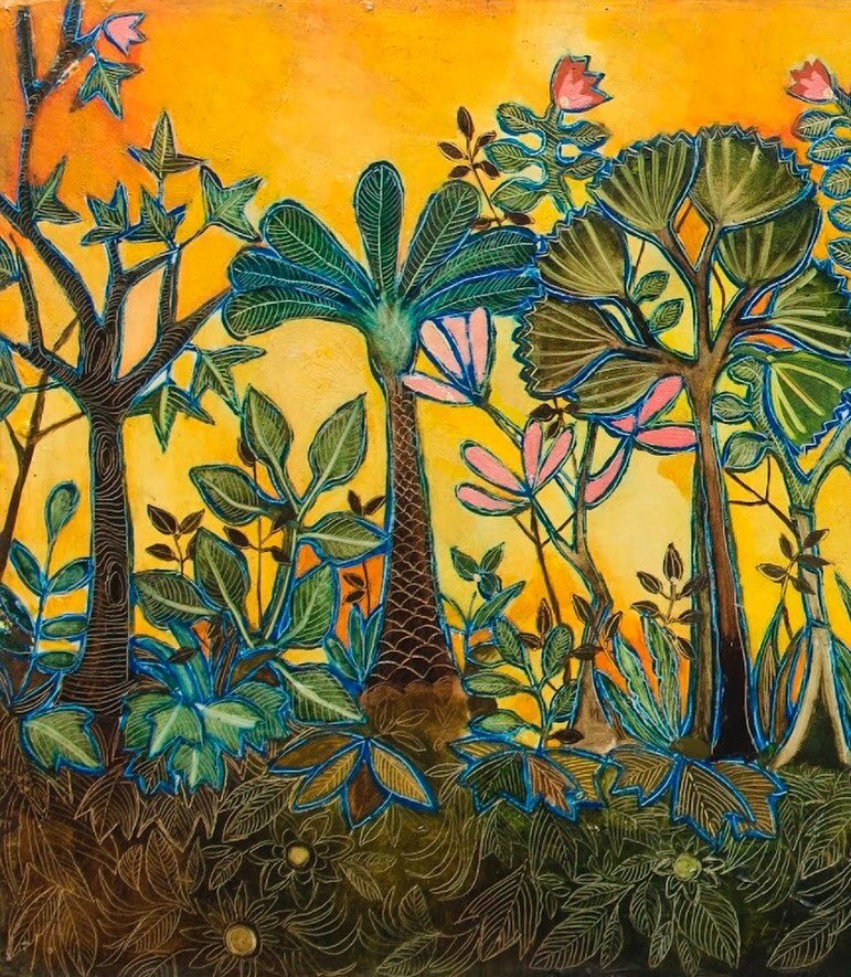 (Detail 1/3) Eden Paradise, 1970, oil on board. 45 x 115 cm. Part of @ibrahimicollection 💛

#suadalattar #oilpainting #paintingdetail #gardenlove #palmtrees #yellow #fineart #contemporaryart