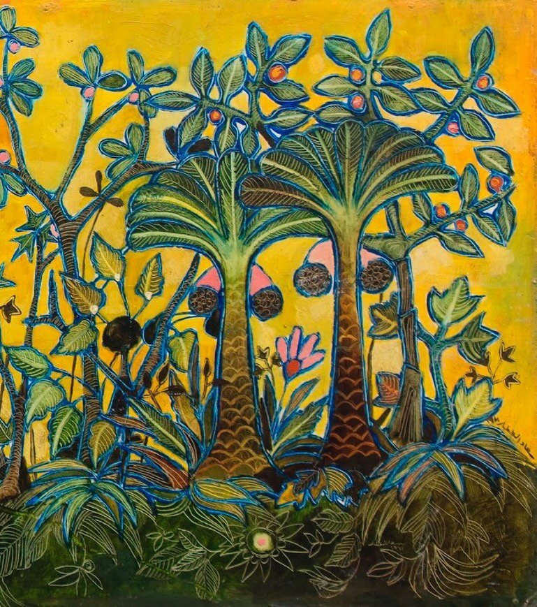 (Detail 3/3) Eden Paradise, 1970, oil on board. 45 x 115 cm. Part of @ibrahimicollection 💛

#suadalattar #oilpainting #paintingdetail #gardenlove #palmtrees #yellow #fineart #contemporaryart