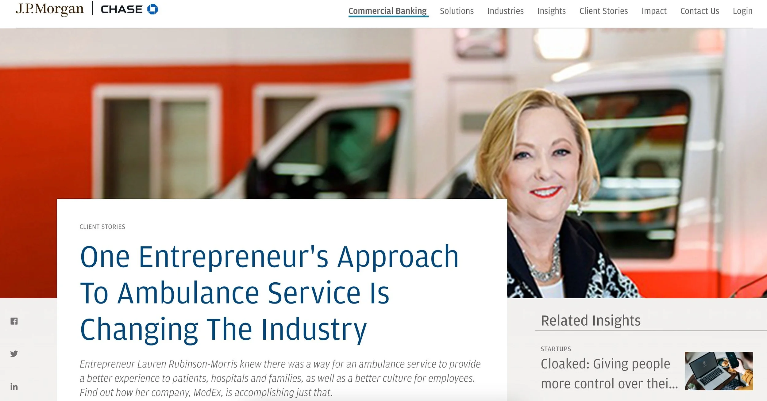 A woman with blonde hair and a necklace, smiling, standing in front of a medical vehicle with a red and white exterior at a JPMorgan Chase commercial banking website.