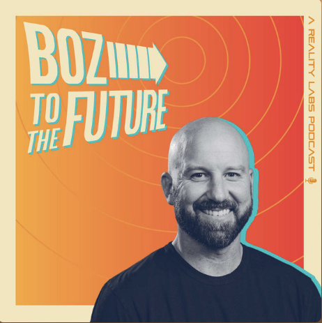 A promotional poster featuring a smiling man with a beard, set against a vibrant orange background with red circular pattern lines. The poster has bold, stylized text saying, "BOZ TO THE FUTURE," and smaller text along the side that reads, "A Reality Las Podcast."