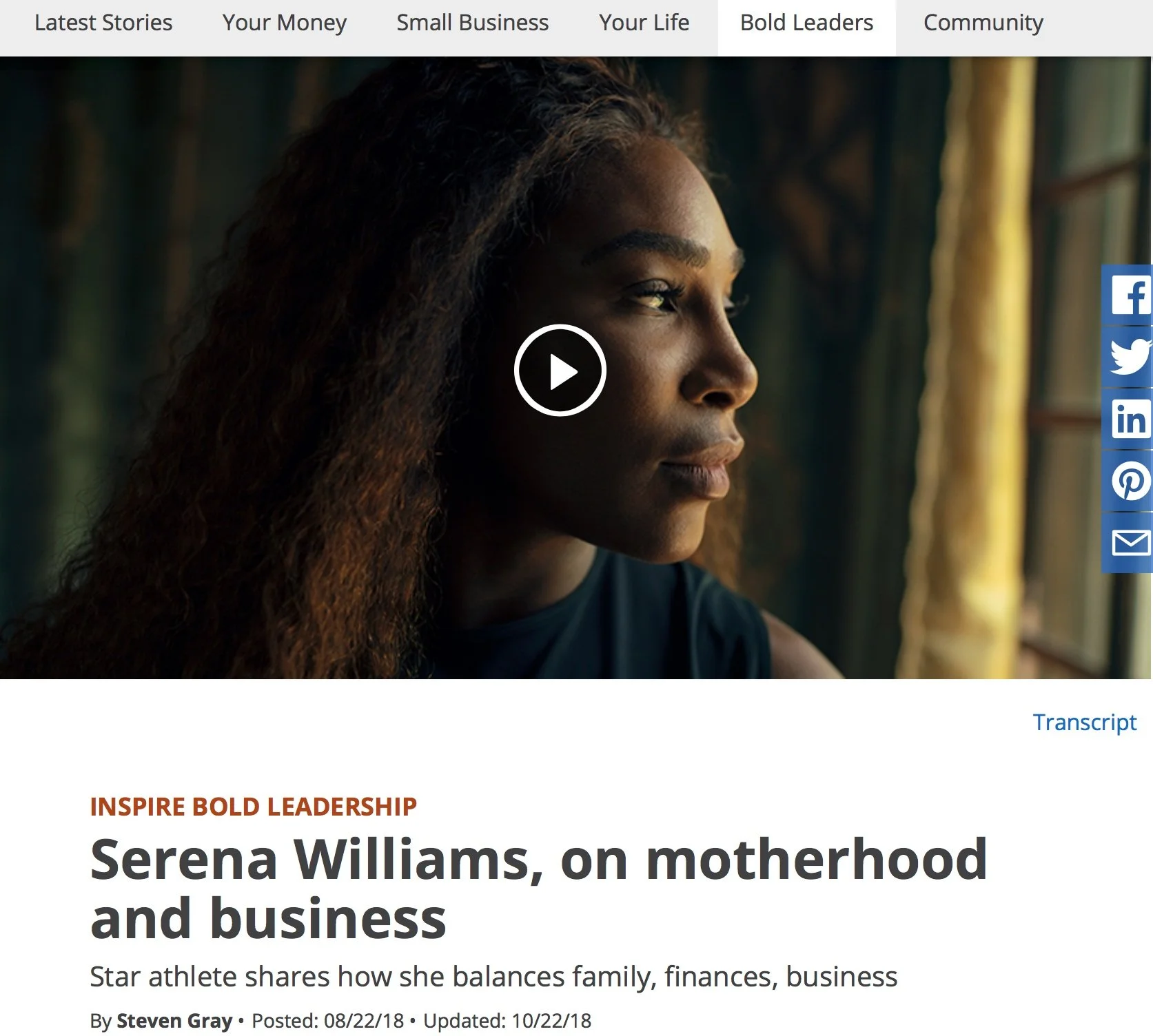 Close-up of Serena Williams looking thoughtfully out a window, with a blurred background, from an article titled 'Serena Williams, on motherhood and business'.