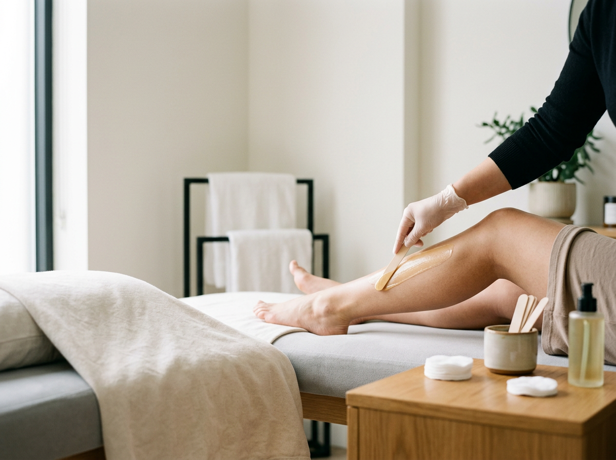 waxing a client doing a Brazilian wax