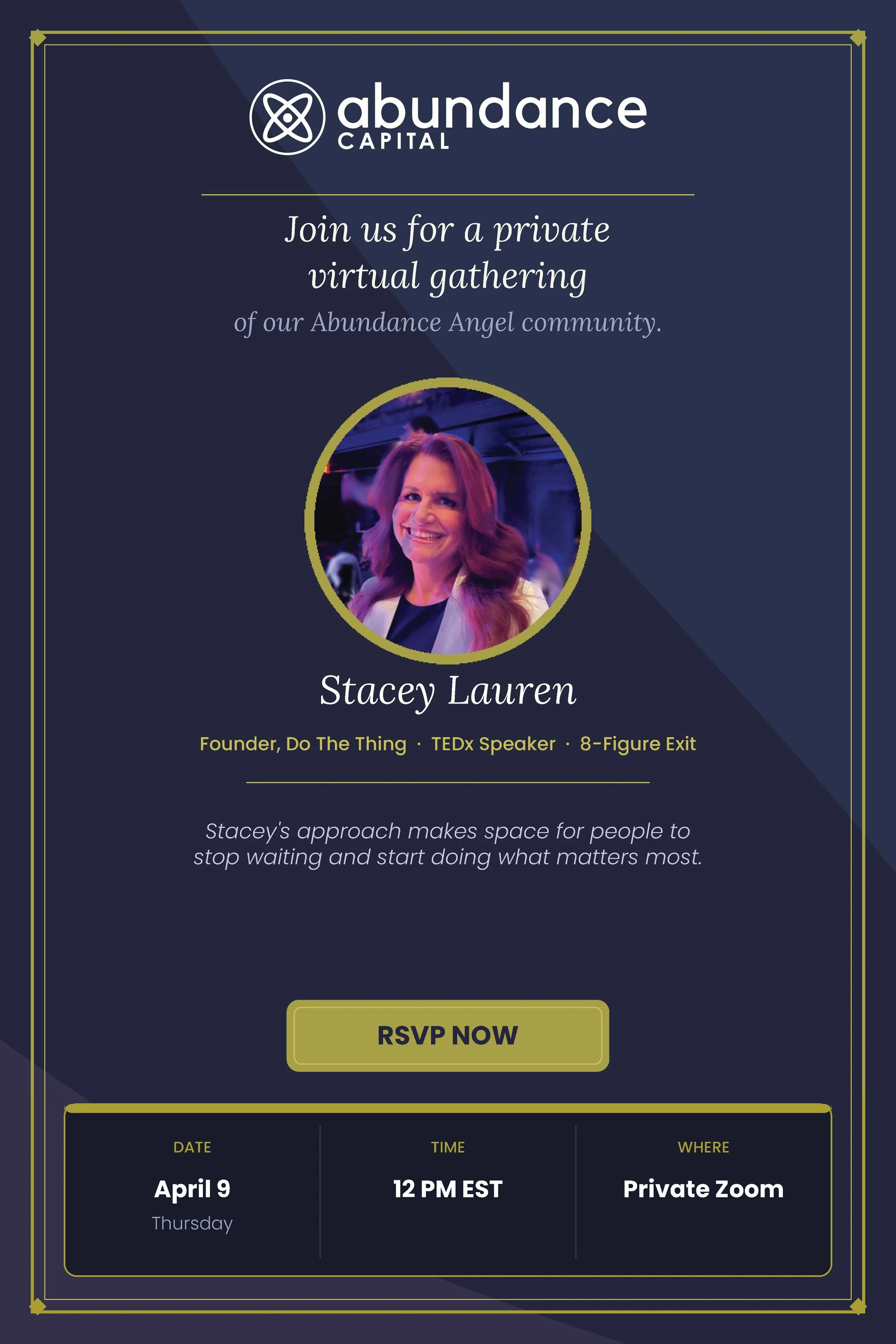 Private Virtual Gathering for Abundance Angels