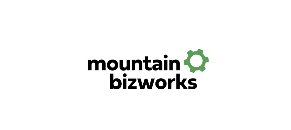 Logo for Mountain BizWorks featuring the company's name in black text and a green gear icon.