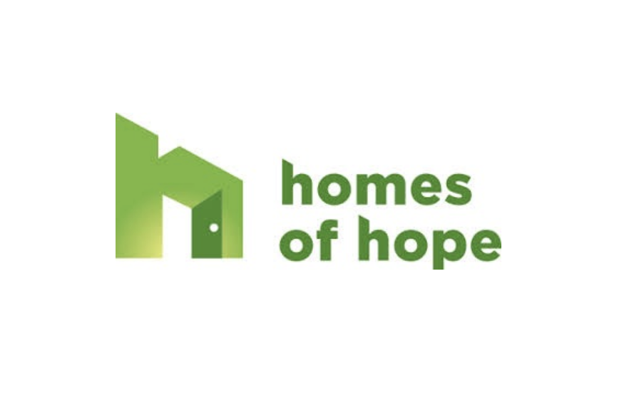 Green logo with a stylized house and door, alongside the text "homes of hope" in bold green letters.