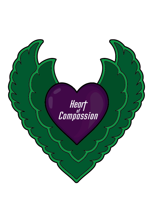 A purple heart with the words "Heart of Compassion" written on it, surrounded by green leaves.