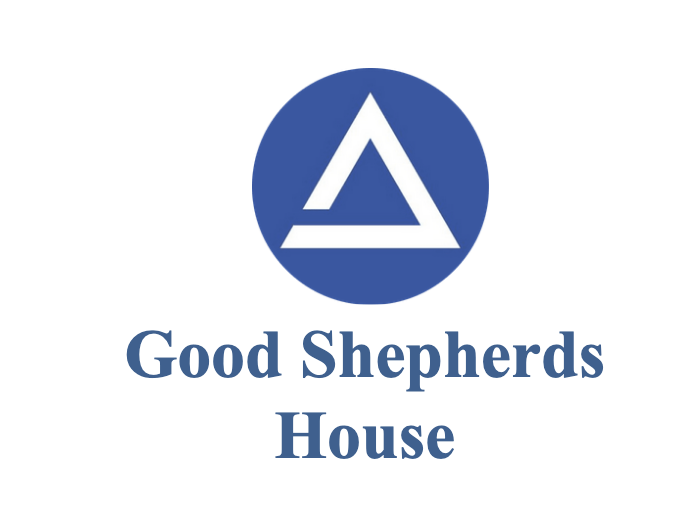Logo of Good Shepherd House featuring a blue circle with a white triangular symbol and the text "Good Shepherds House" below in blue font.