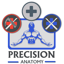 Logo featuring a muscular figure with crossed bandages, and the words 'PRECISION ANATOMY'.