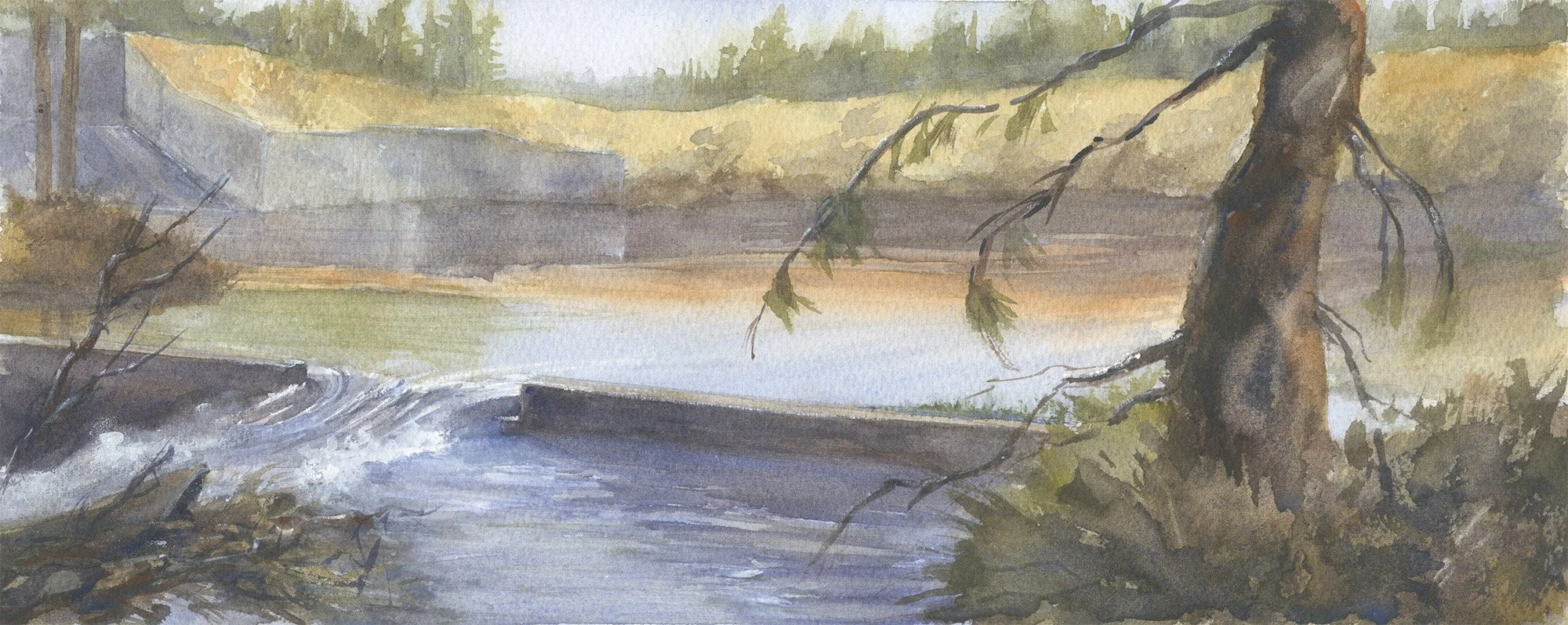 Watercolor of White Pines Lake Spillway in Arnold California