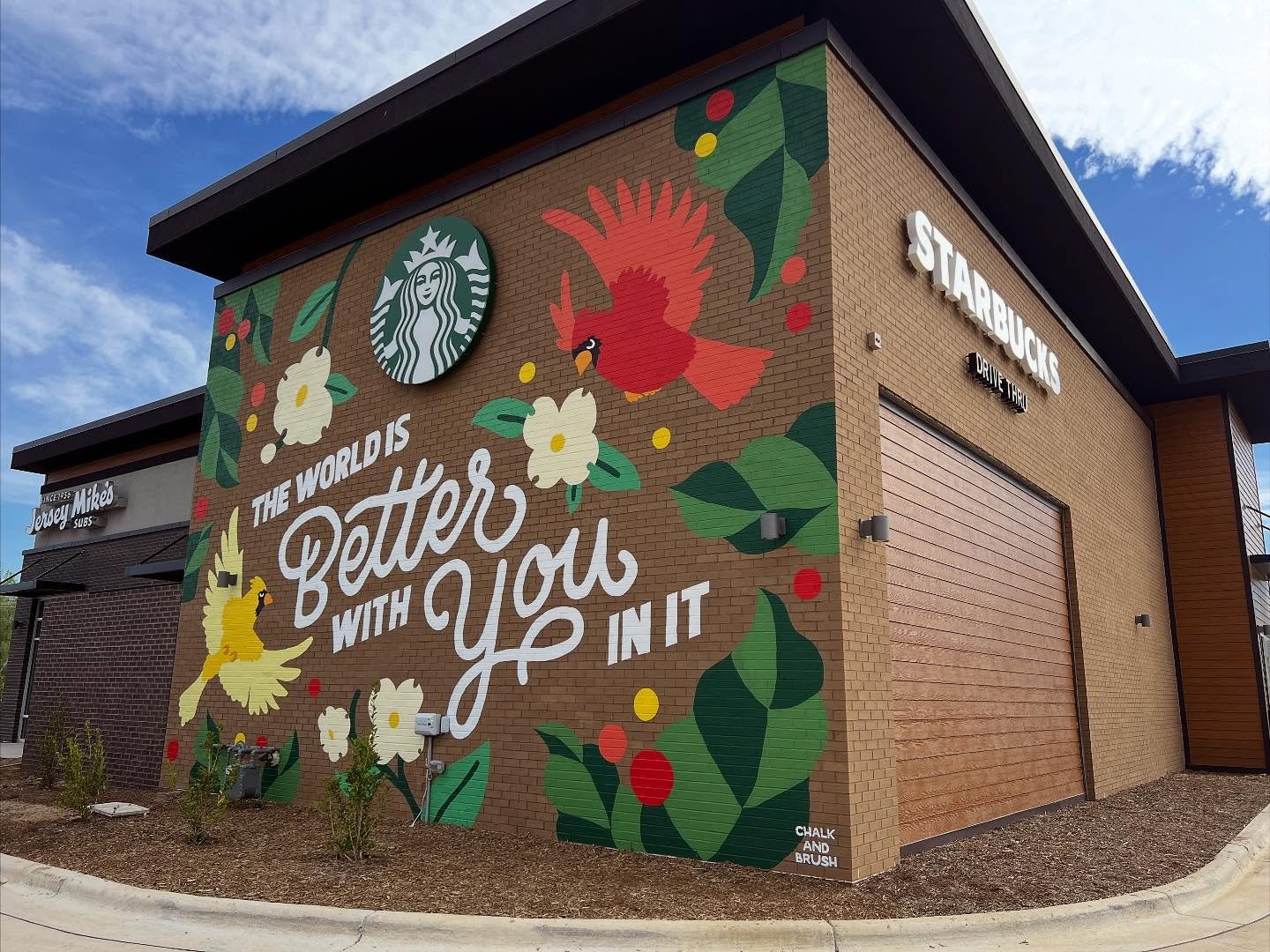 A mural for @starbucks in Wendell Falls, NC. Designed and painted shortly after a child in the adjacent school took their lives, this mural serves as a reminder to the local students and community that the world is better with them in it. Cardinals a