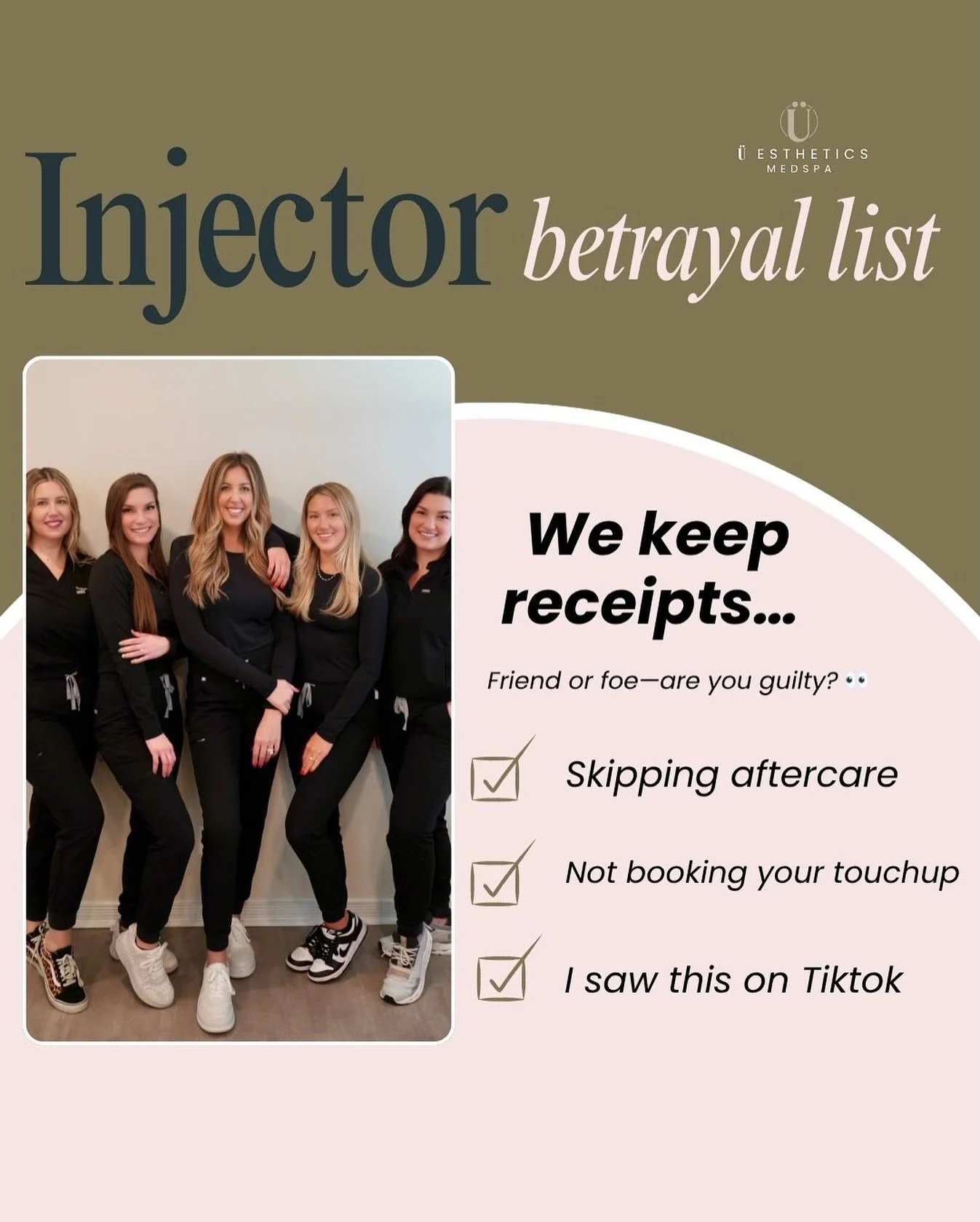 We keep receipts&hellip; Here&rsquo;s our injector betrayal list. Friend or foe&mdash;are you guilty? 👀

1. Skipping aftercare
2. Not booking your touchup
3.I saw this on Tiktok&hellip;. 

Tag the friend who needs to see this, or DM to stay out of o