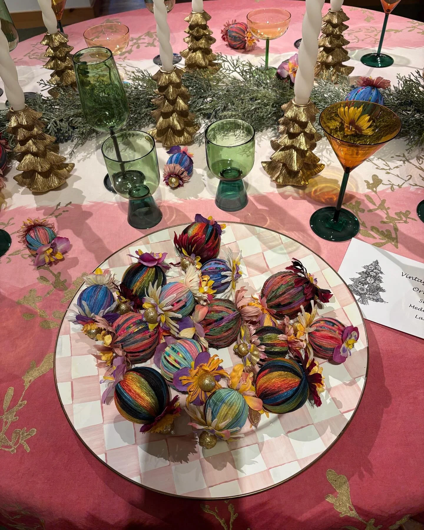 Vintage ornaments adorn this warm holiday setting.