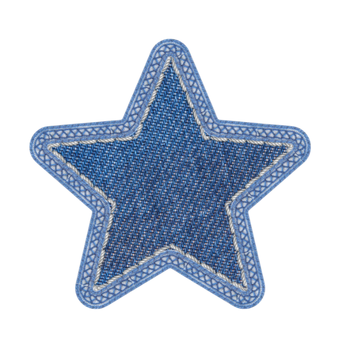 Blue embroidered star patch with intricate stitching and border detail.
