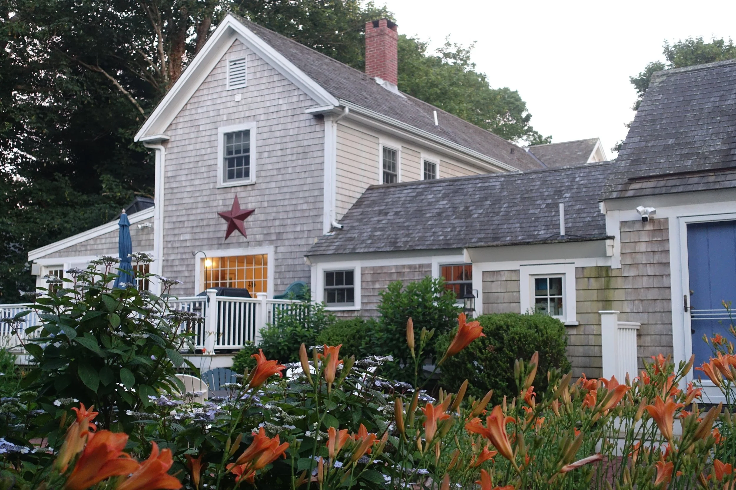 A house with weathered gray shingles, a red star decoration on the upper wall, and a backyard with blooming orange lilies and bushes.