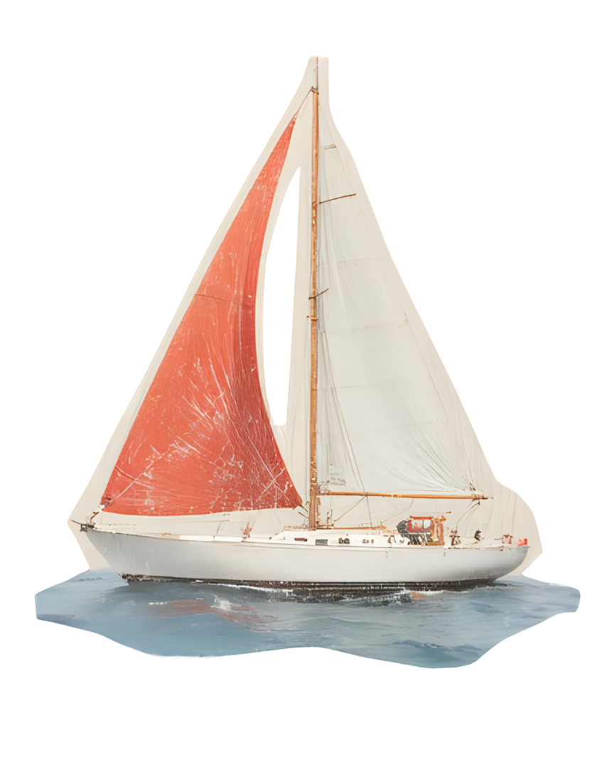 A sailboat with white and red sails on the water.