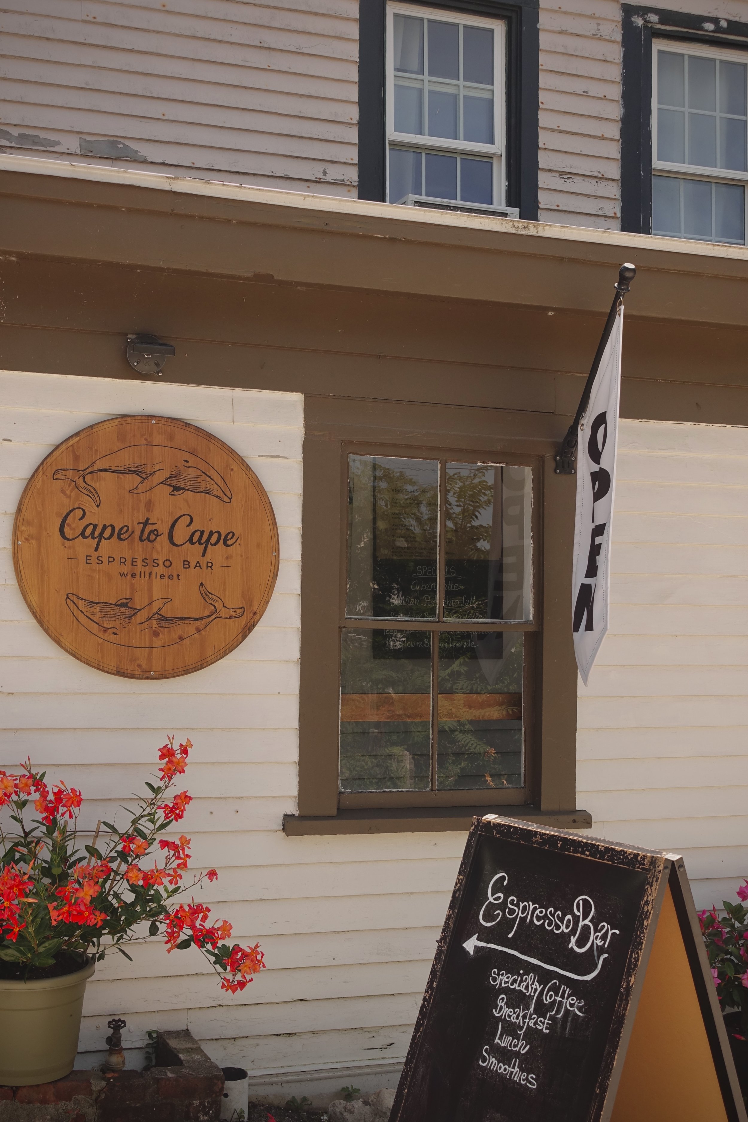 The exterior of a cafe named 'Cape to Cape Espresso Bar,' featuring a round wooden sign with whale illustrations, a potted red flowering plant, a black chalkboard sign with menu details, a window, and a black-and-white flag.