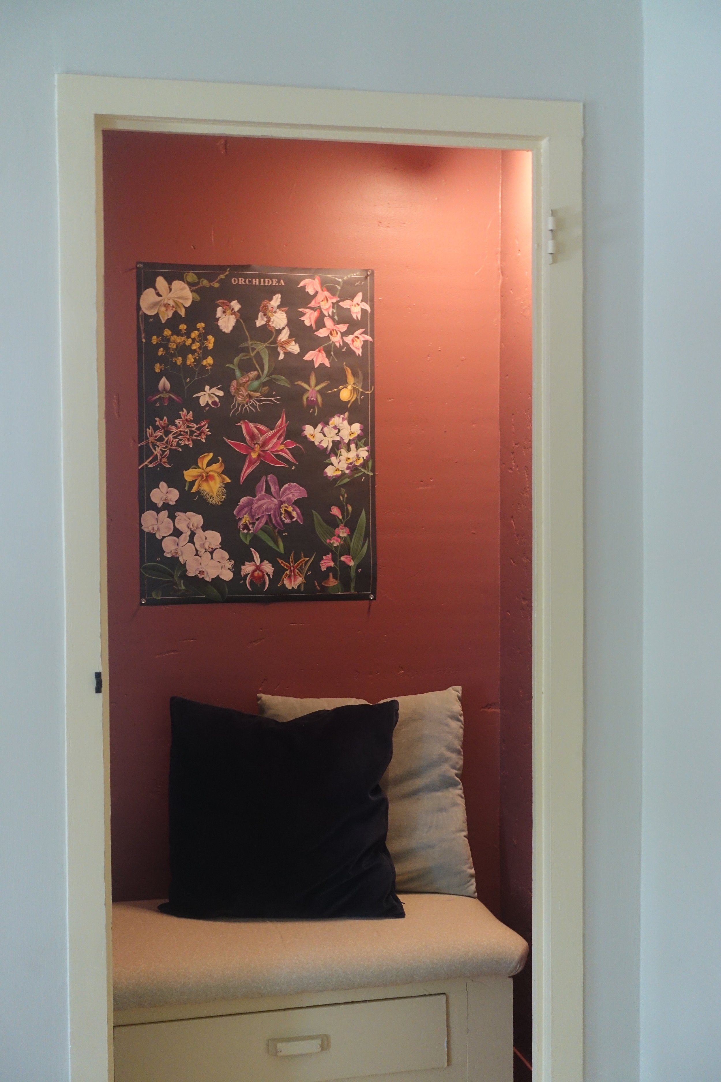 Reading nook with pink walls, a floral orchid poster, and a cushioned seat with black and beige pillows.