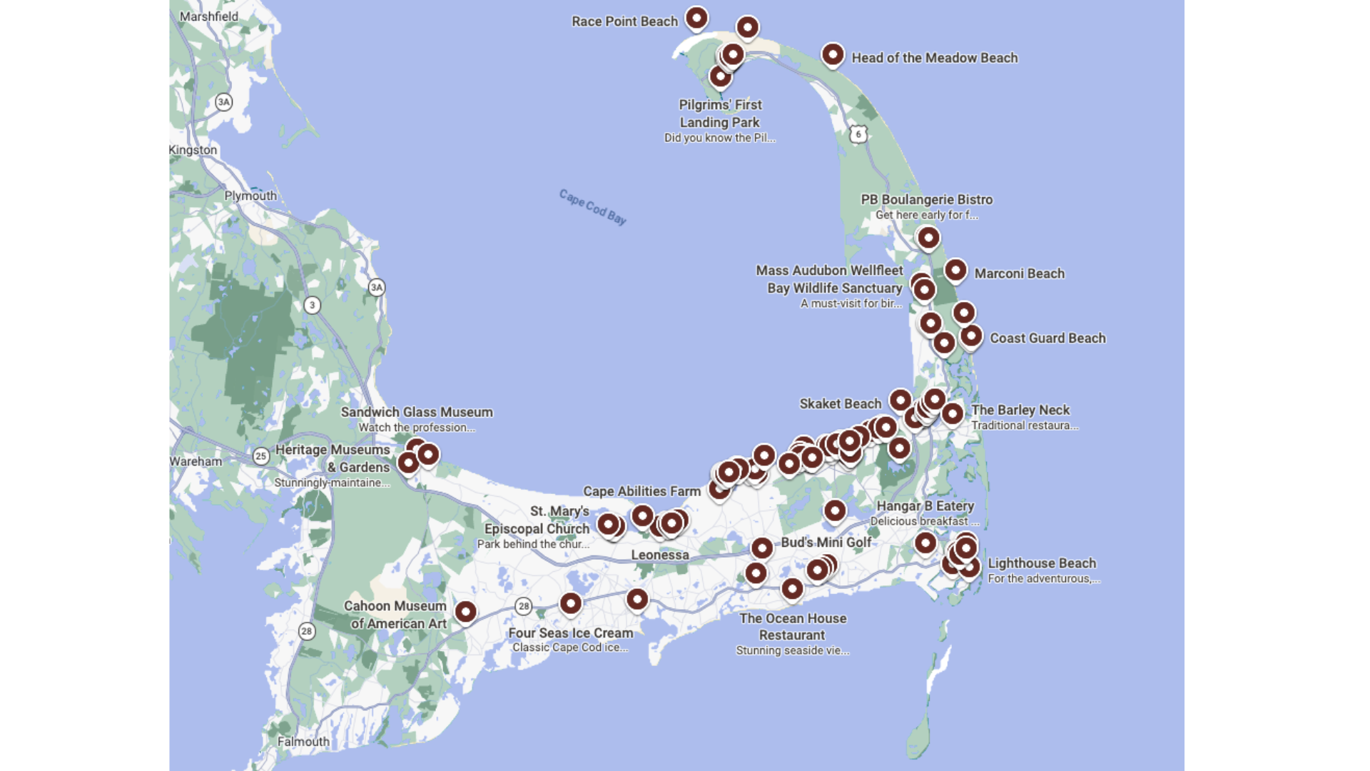 Map of Cape Cod with 123 points of interest signaled with dark red pins