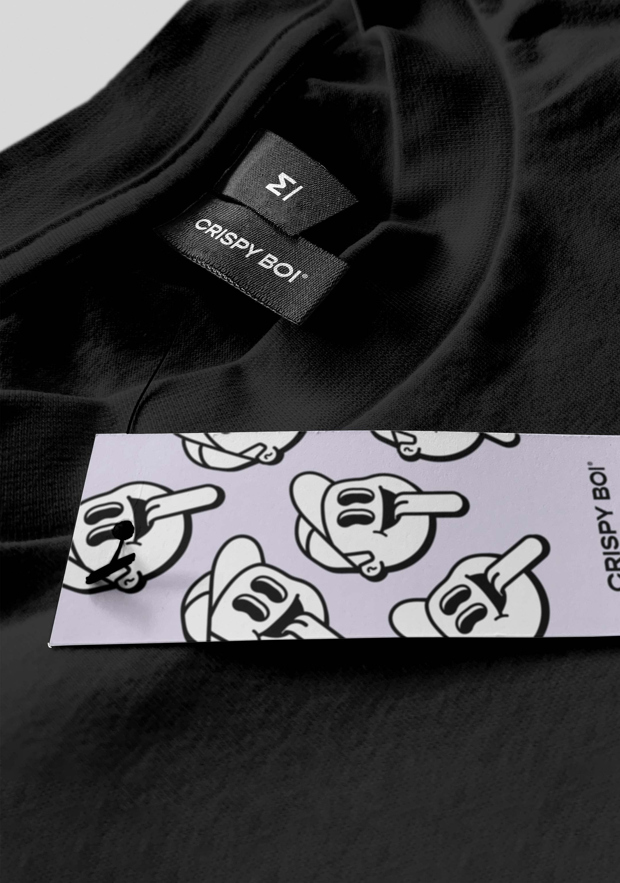 Black Crispy Boi T-Shirt with clothing tag
