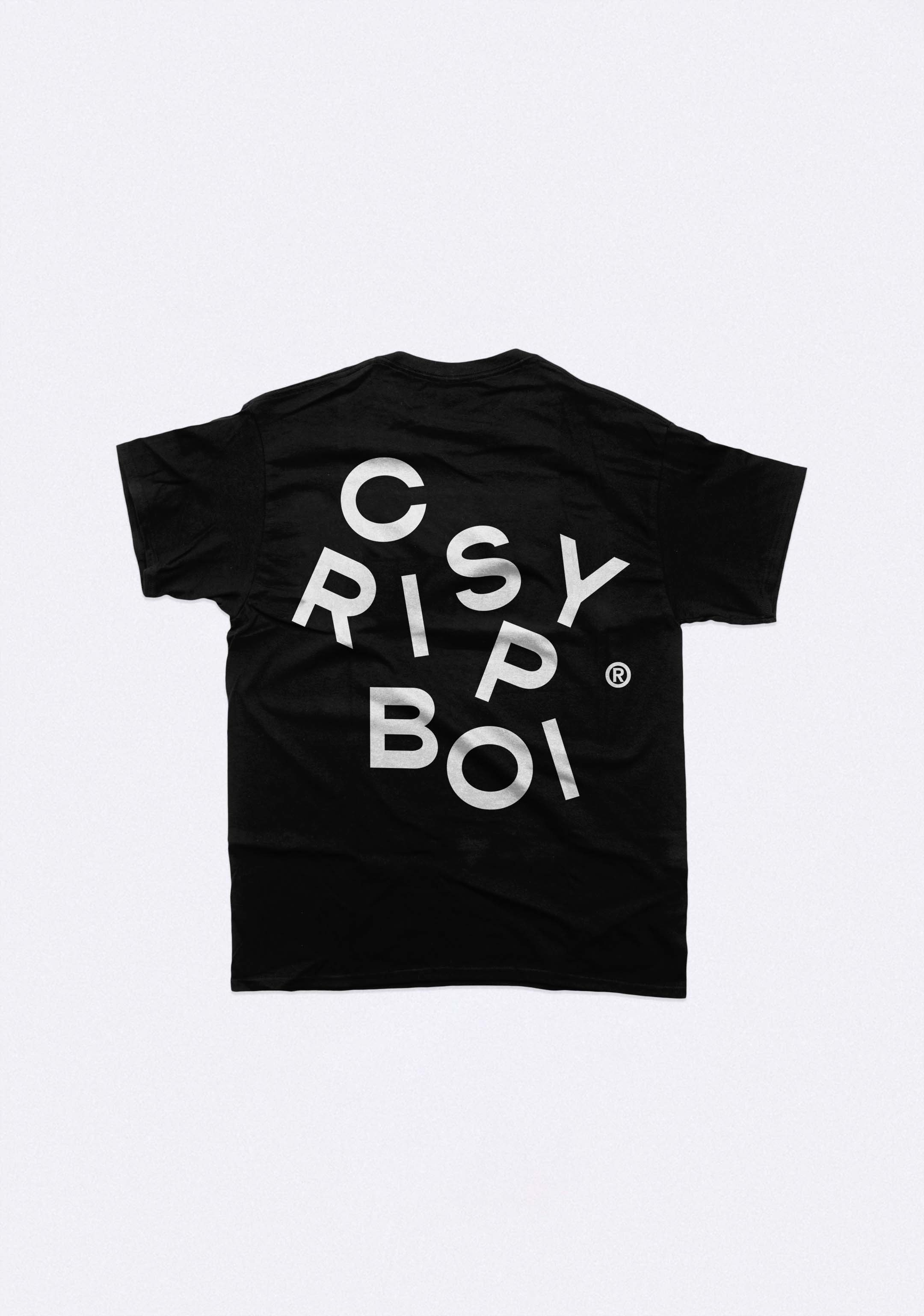 Black T-Shirt with white jumbled Crispy Boi logo