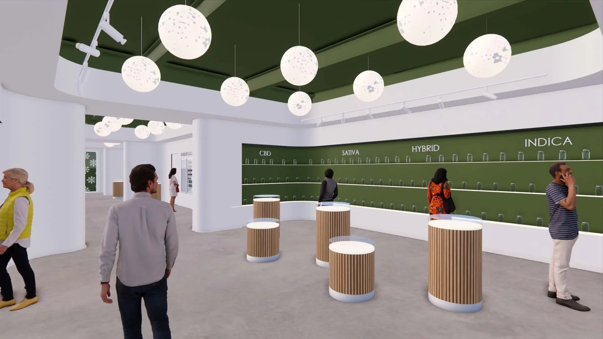 Interior of a modern store or exhibition space with hanging spherical white lights, a green wall display with labeled sections 'CBD', 'Sativa', 'Hybrid', and 'Indica', and several people browsing and observing the products.